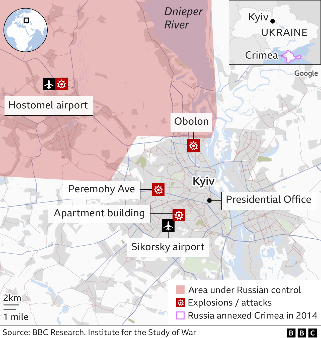 Map showing latest attacks in Kyiv
