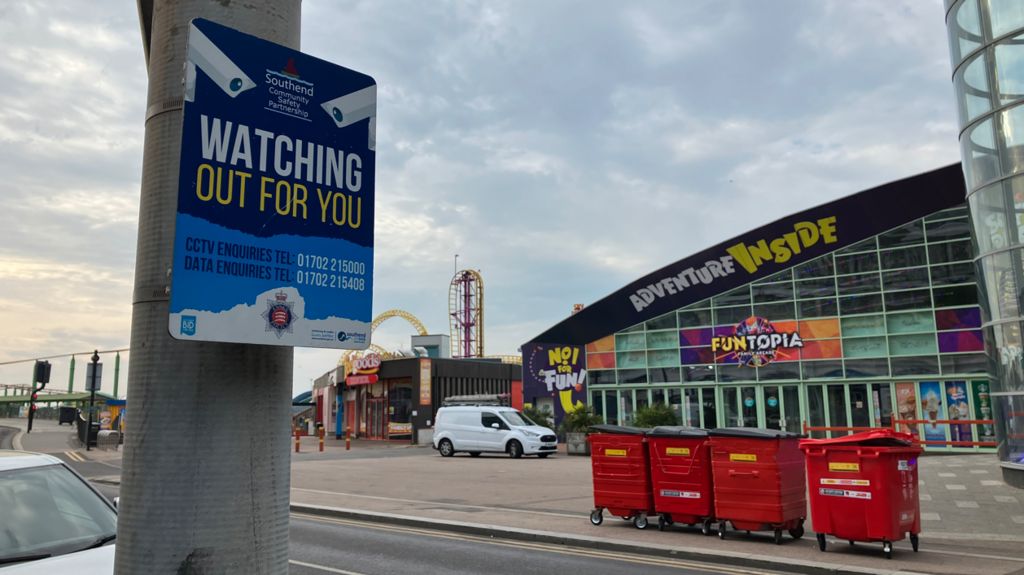 Southend seafront showing sign for neighbourhood watch