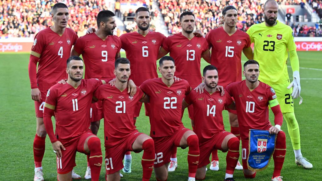 Serbia's team line-up before the Euro 2024 qualifying match against Bulgaria on 19 November 2023
