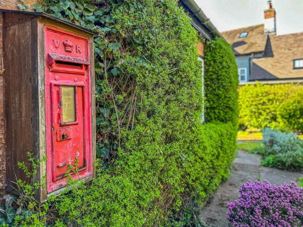 A red post box can be seen set in a wall which is covered by a bush and there is a garden and neighbouring buildings in the background.