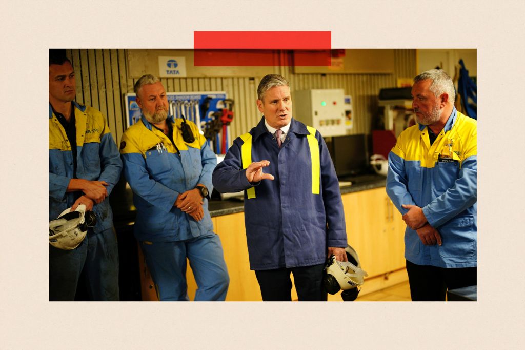 Sir Keir Starmer (centre) during a visit to Tata Steel's Port Talbot steelworks in south Wales
