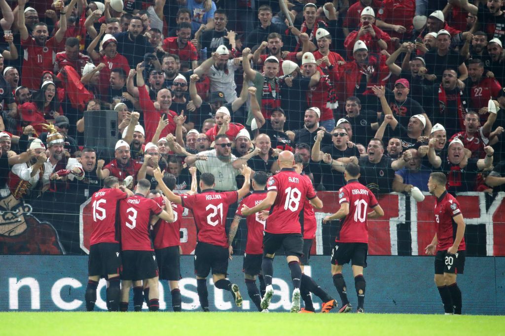 Albania players celebrate in front of the fans after Jasir Asani's goal against the Czech Republic