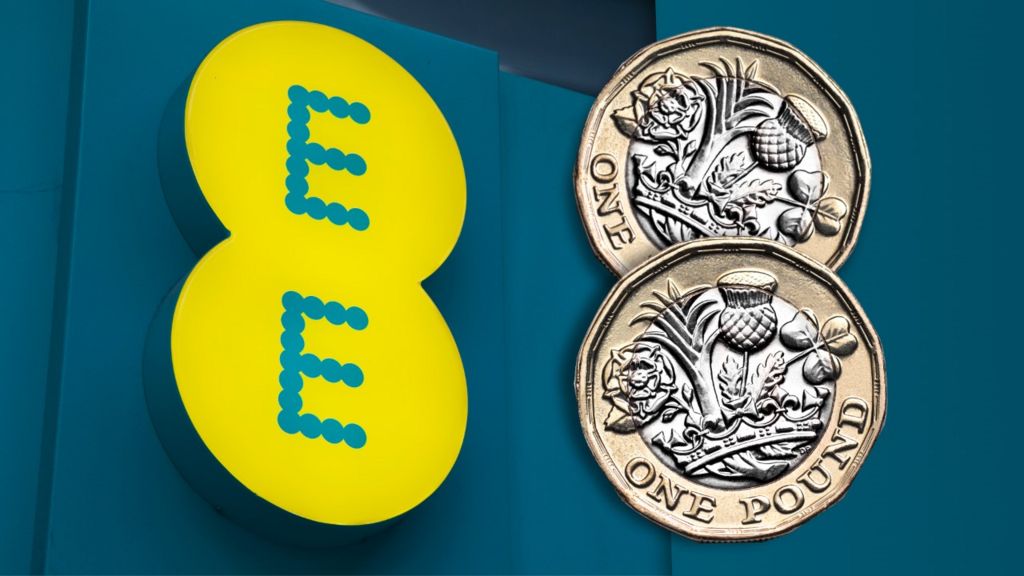 EE logo next to two £1 coins