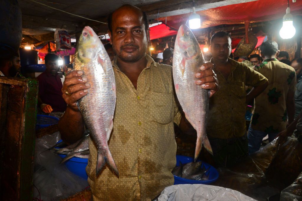 Bangladeshi vendors show Hilsa fish for sell at the Karwan Bazar wholesale fish market in Dhaka, Bangladesh