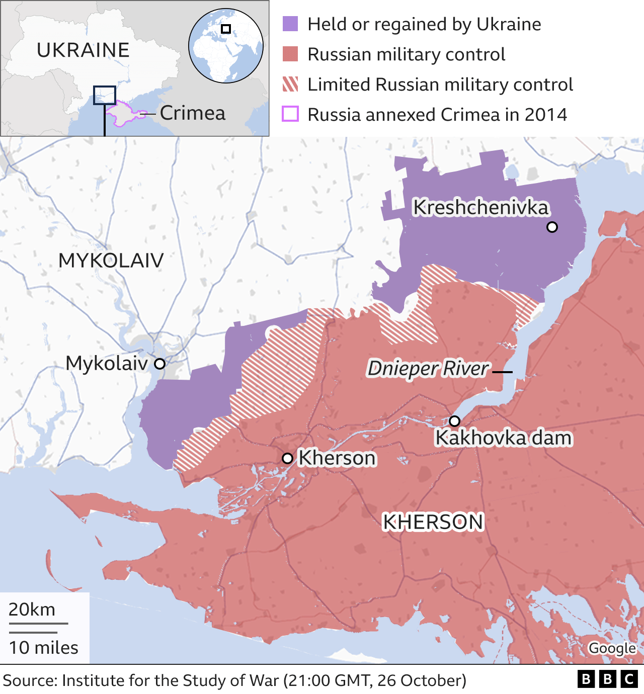 Map showing a close-up of the Kherson region in Ukraine. 26 October