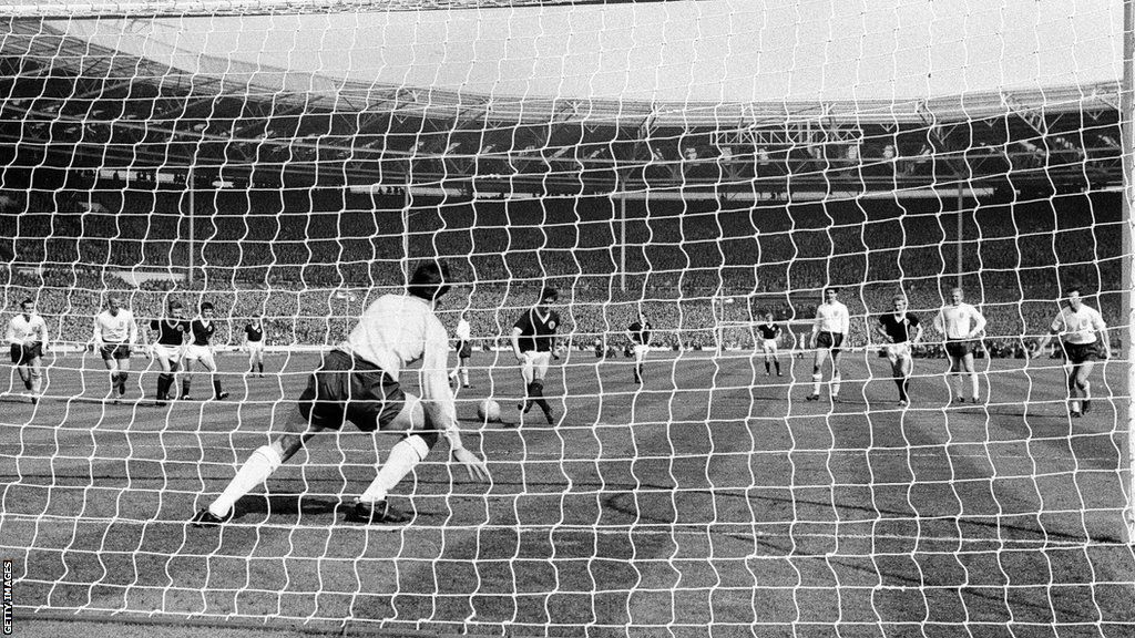 Jim Baxter scores a penalty for Scotland against England in 1963