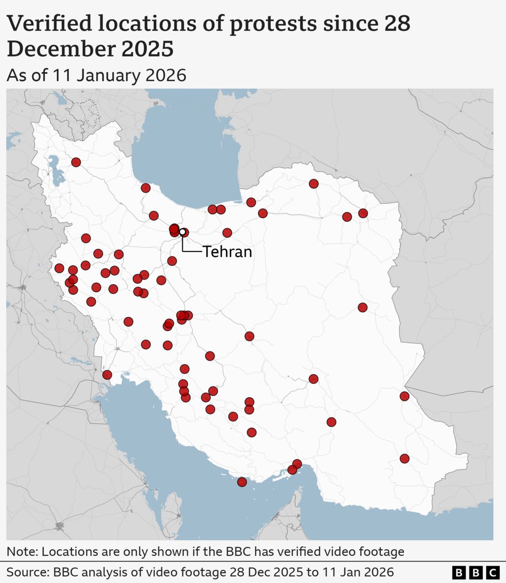 Map showing verified locations of protests in Iran since 28 December 2025, as of 11 January 2026
