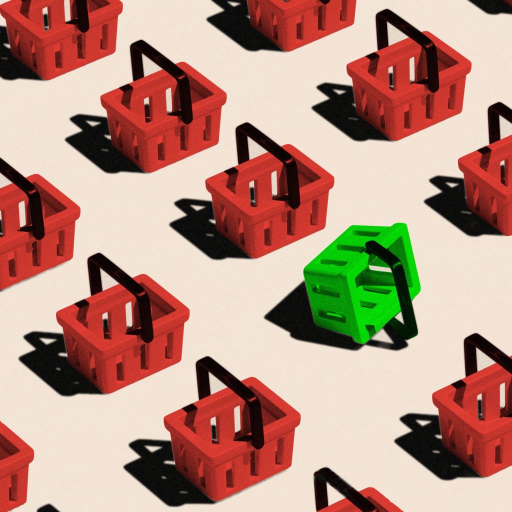 A conceptual visualisation of a grid pattern of red shopping baskets, with one noticeably tilted in bright green
