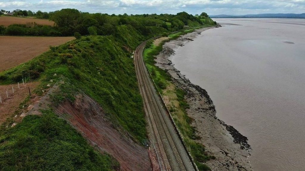 Drone shot of the railway running alongside the Severn Estuary