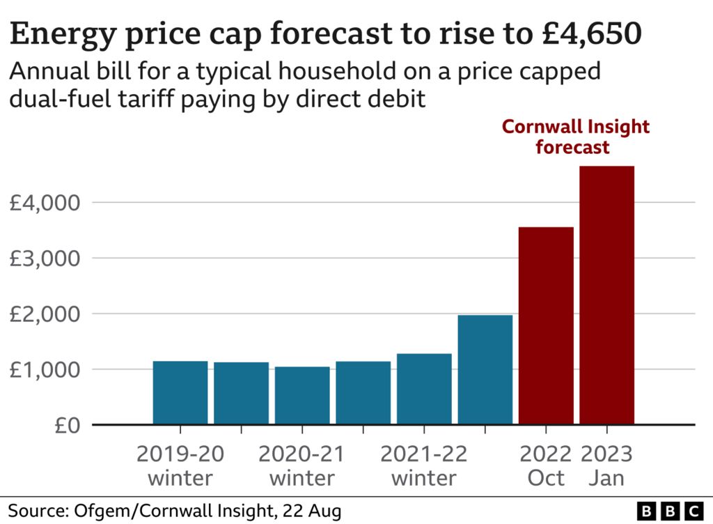 Bar chart showing how the price cap has risen, with the price cap forecast for January standing at £4,600
