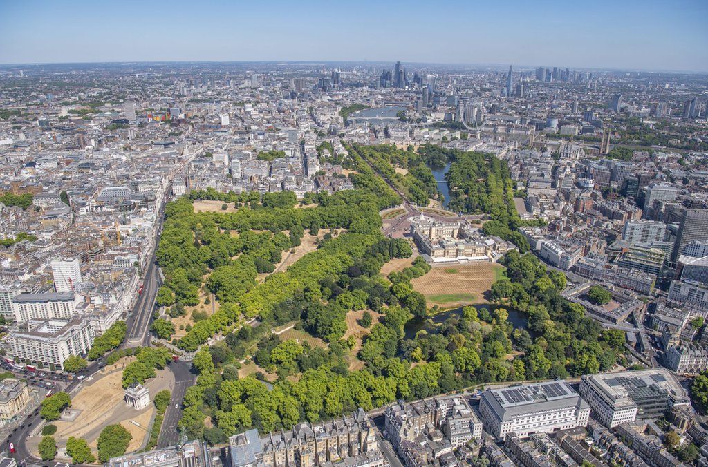 Aerial view of Buckingham Palace, Buckingham Palace Gardens, Green Park, St James's Park, Westminster