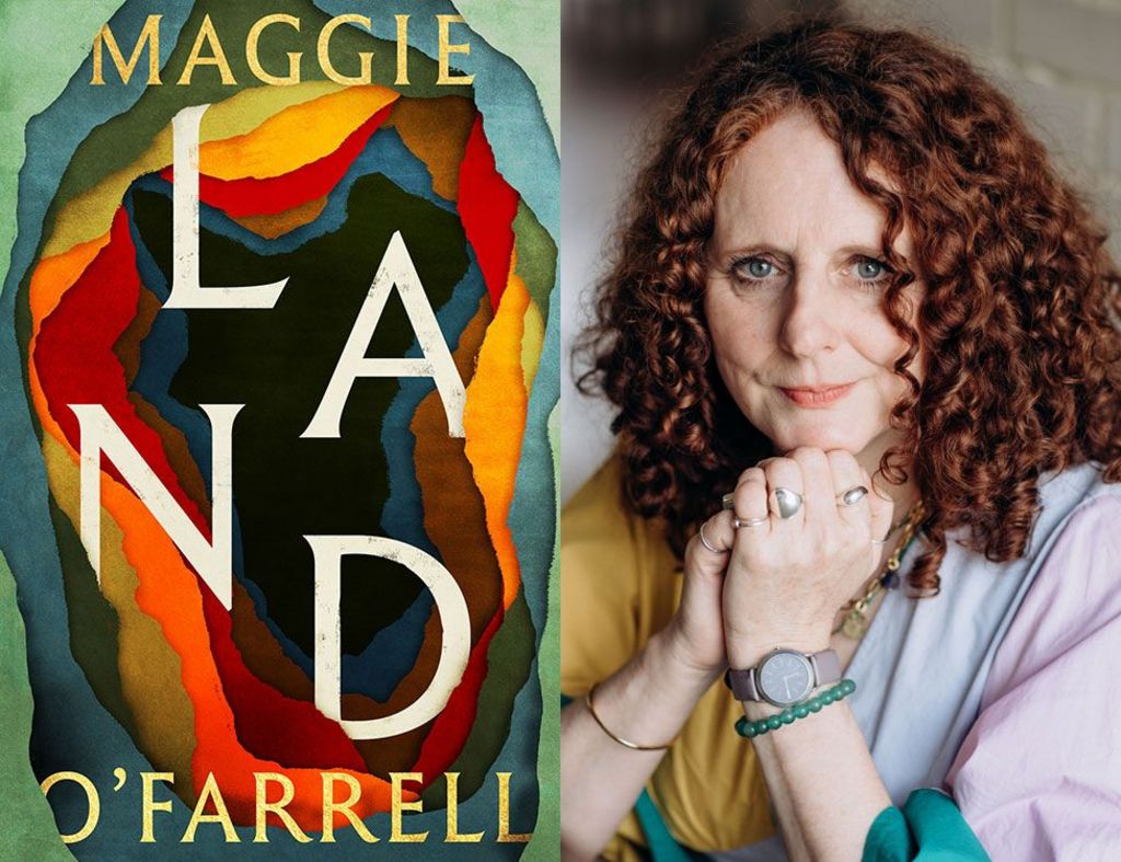 The cover of Maggie O'Farrell's Land, which features layers of earthy colours opening up into an abyss, alongside an image of he author. She has a multi-coloured jumper on and has auburn curly hair.