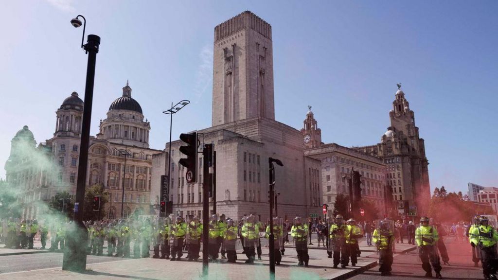 Merseyside Police riot officers on the Strand, in Liverpool 