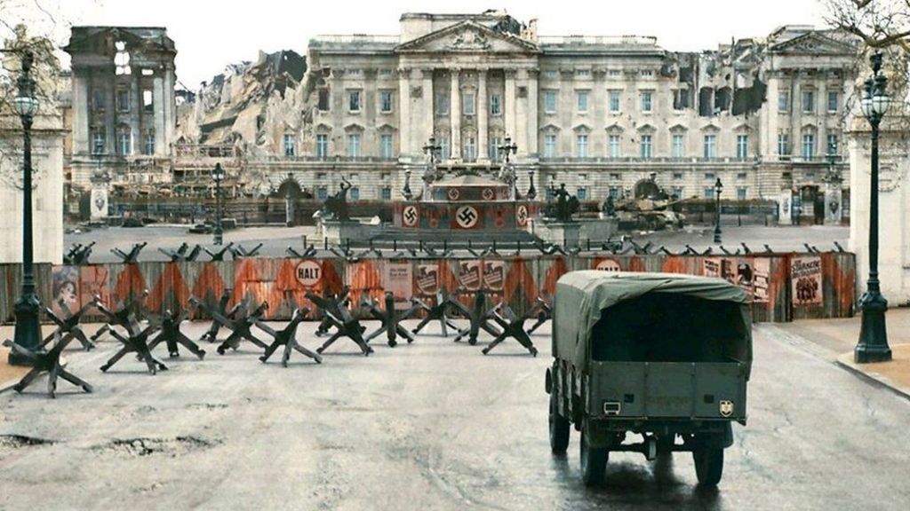 Scene from the BBC drama SS-GB. It shows Nazi flags all over a bombed out London landscape.