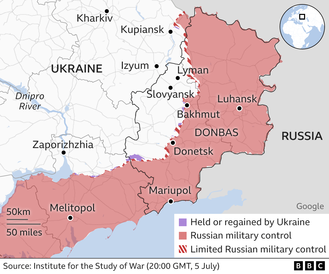 На карте показана линия фронта на востоке Украины