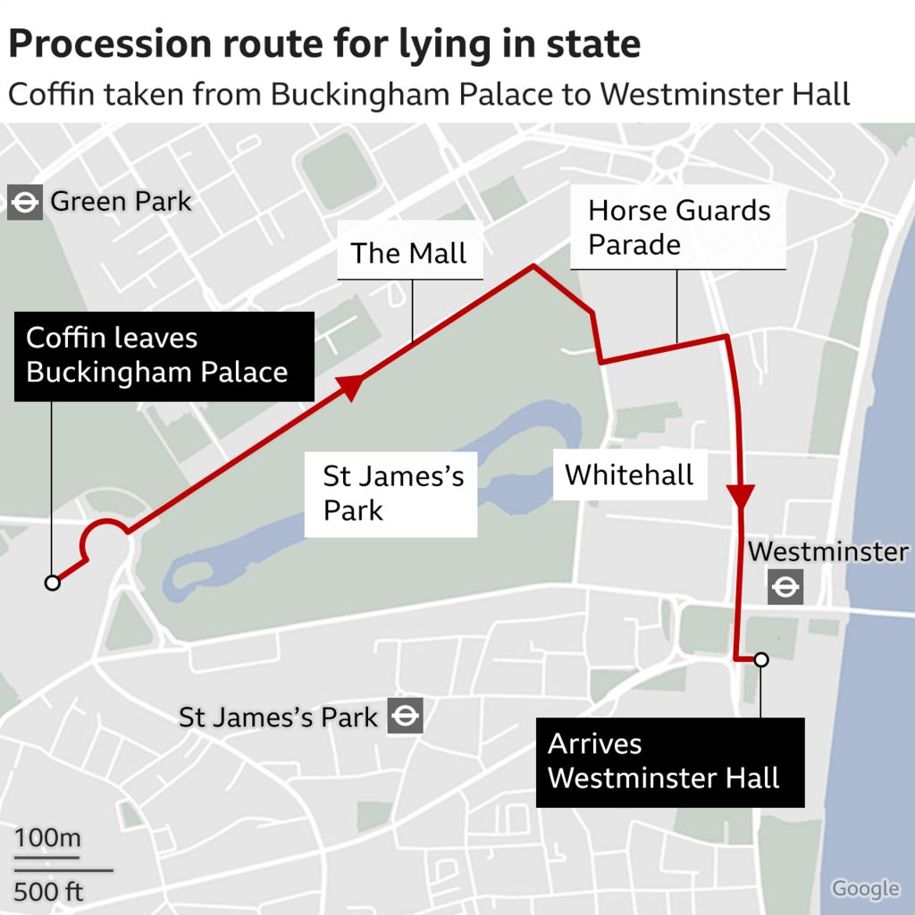 Map showing procession route from Buckingham Palace to Westminster Hall