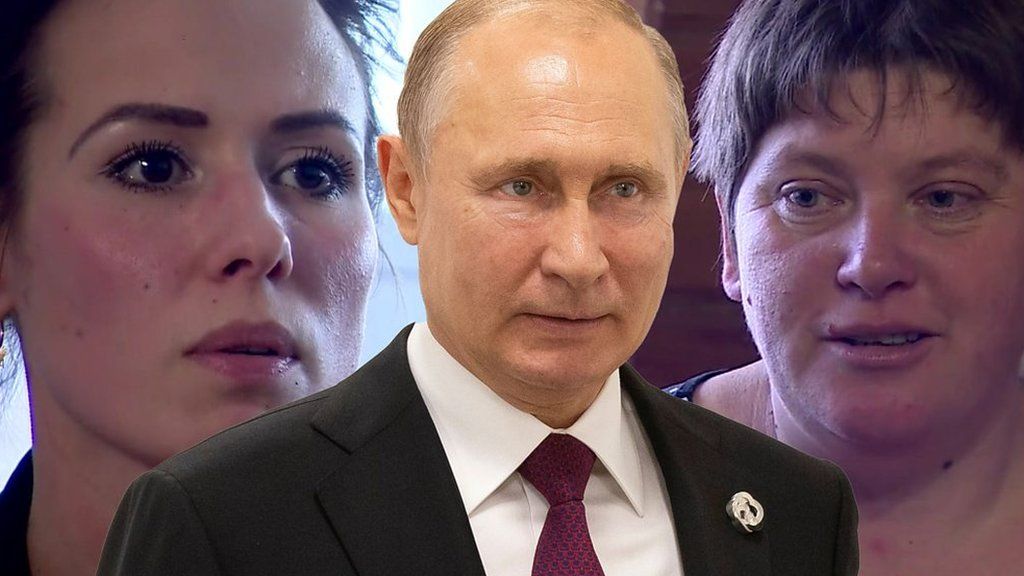 Composite image of President Vladimir Putin and two Russian women