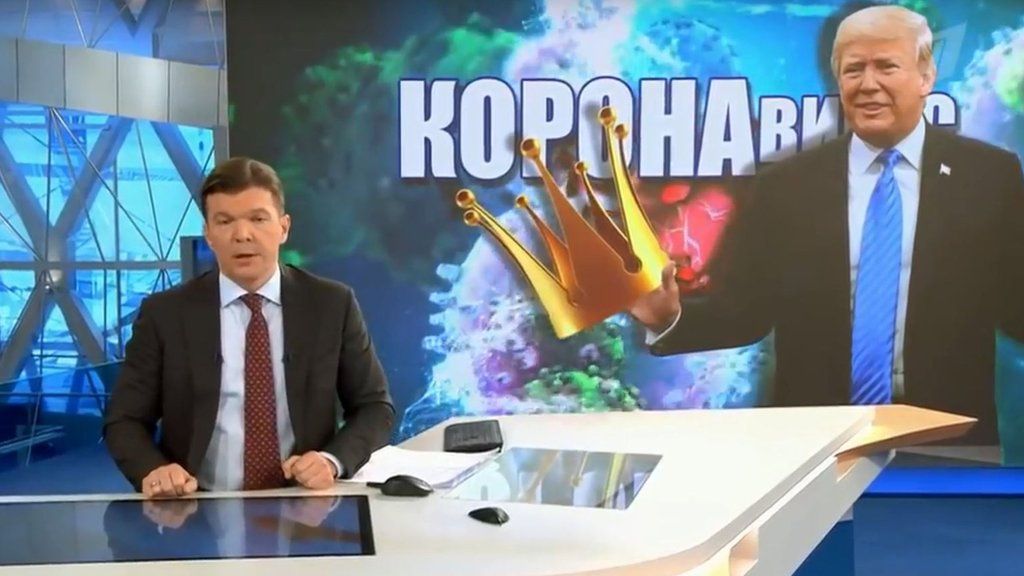 A presenter on Russia's Channel One introduces an item on coronavirus conspiracy theories