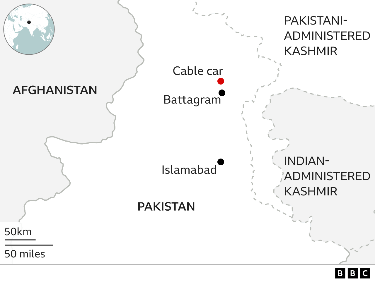 Map showing location of cable car in Pakistan