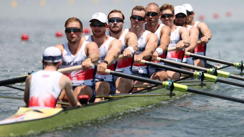 Henry Fieldman, Tom Ford, James Rudkin, Oliver Wynne-Griffith, Charles Elwes, Mohamed Sbihi, Tom George, Jacob Dawson and Josh Bugajski compete during Men's Eight Heat 2 on day one of the Tokyo 2020 Olympic Games