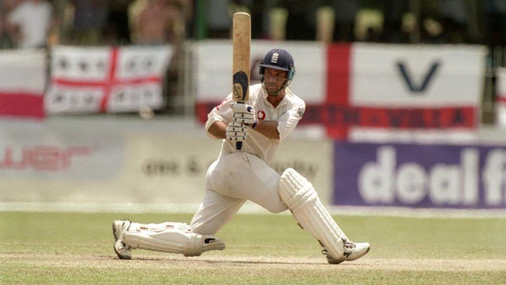 Graham Thorpe plays a sweep shot for England against Sri Lanka