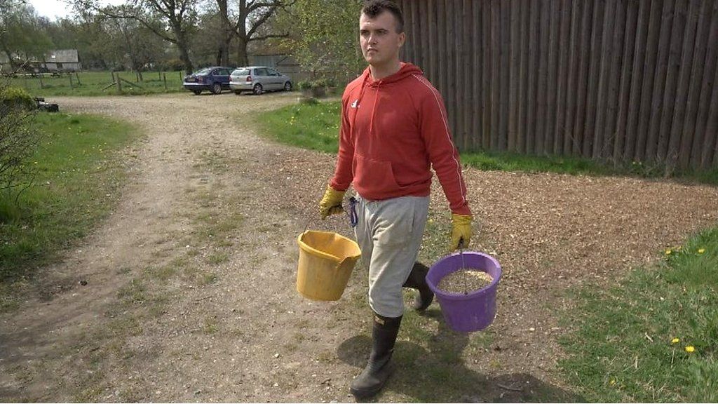 Dylan carries two buckets through a field