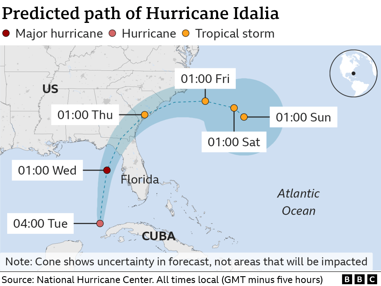 Map shows predicted path of the hurricane