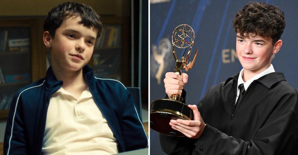 Owen Cooper in Adolescencer (left), and with his Emmy Award (right)