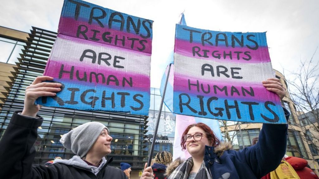 Two people holdings signs above their heads at a protest, photographed from a low angle. The signs say "trans rights are human rights". The person on the left is wearing a dark jacket and light grey hat. The person on the right has red hair and glasses, and is wearing a blue jacket and grey patterned scarf. People and UK government office buildings can be seen in the background. 