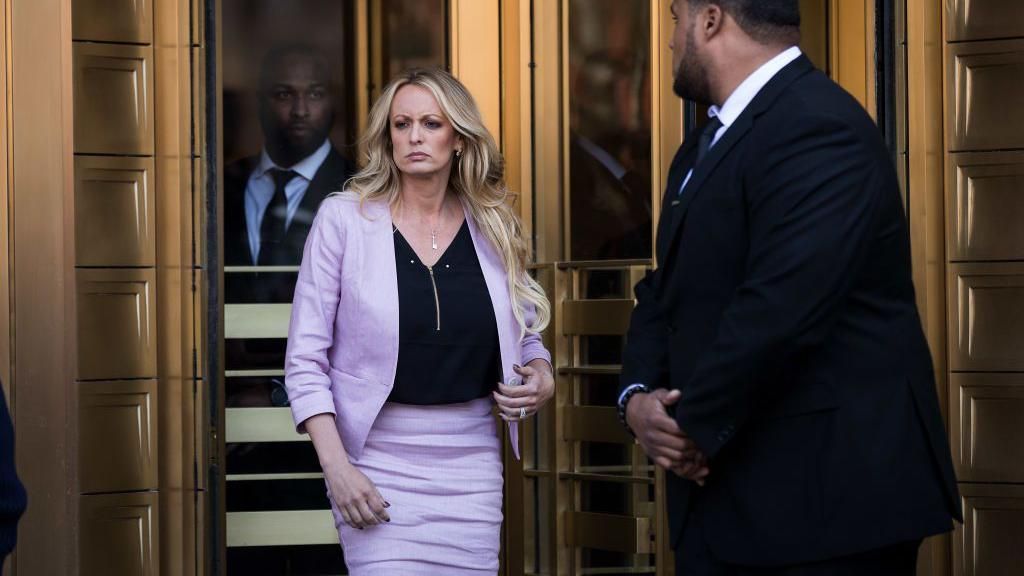 Adult film actress Stormy Daniels (Stephanie Clifford) exits the United States District Court Southern District of New York for a hearing related to Michael Cohen, President Trump's longtime personal attorney and confidante, April 16, 2018 in New York City