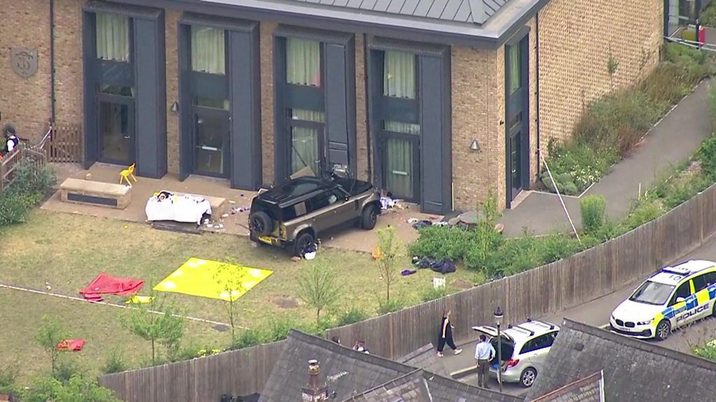Aftermath of a Land Rover crashing into a school in Wimbledon