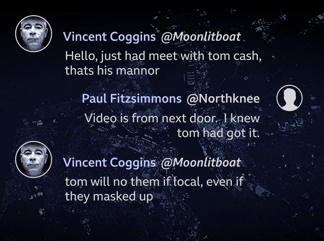Graphic showing EncroChat messages between Vincent Coggins with the username "Moonlitboat" and Paul Fitzsimmons aka "Northknee". Coggins says "Hello, just had meet with tom cash, that's his manor", and Fitzsimmons replies "Video is from next door. I knew tom had got it." Then Coggins says: "tom will know them if local, even if they masked up"