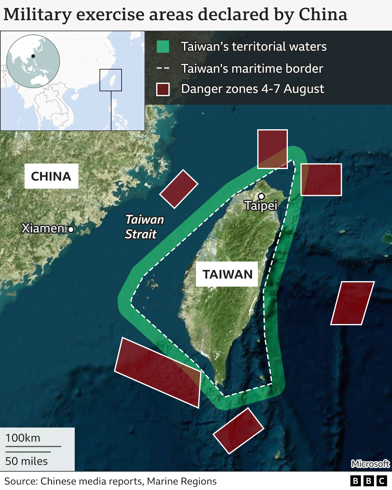 Map showing China military exercises danger zones. Updated 4 Aug.