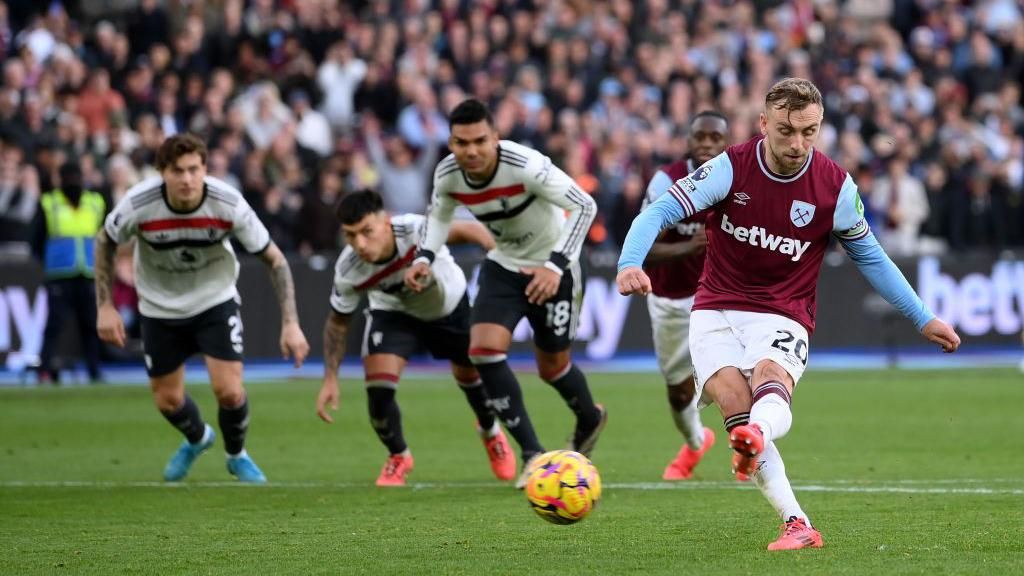 Jarrod Bowen of West Ham United scores his team's second goal from a penalty kick