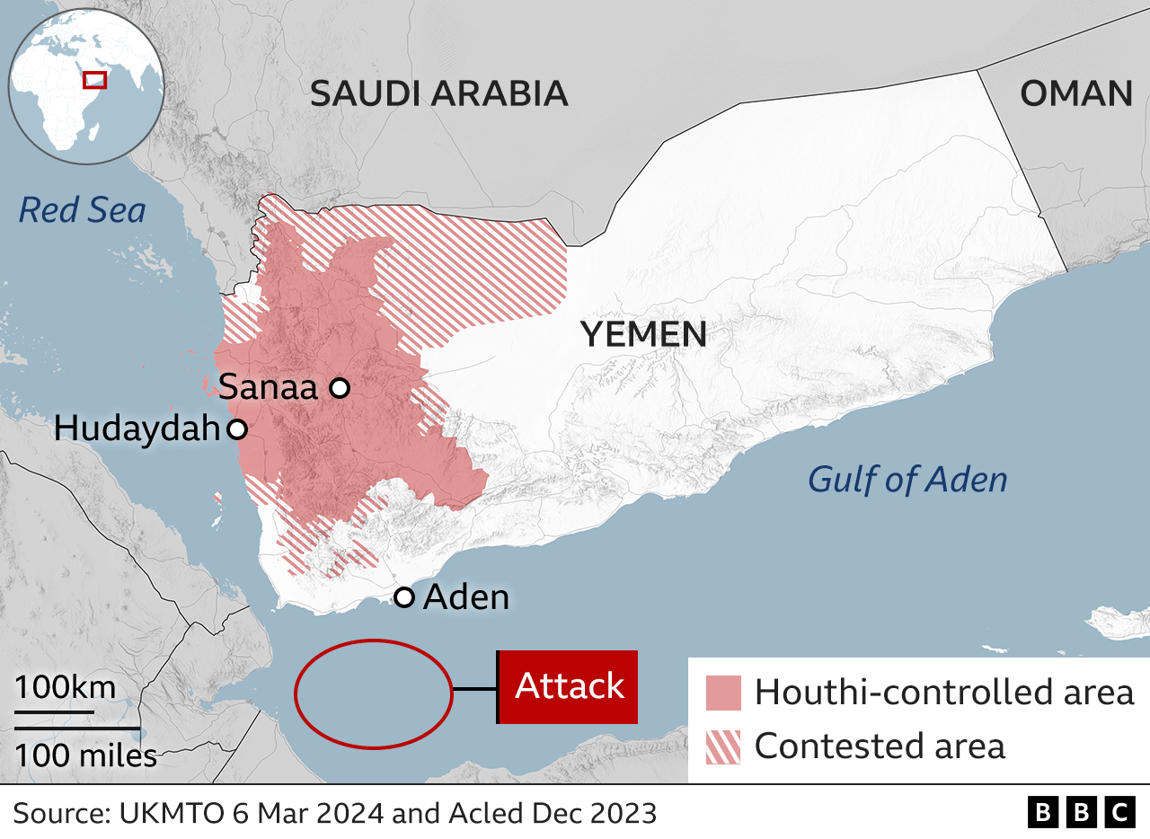 Map showing location of reported attack in the Gulf of Aden on 6 March 2024