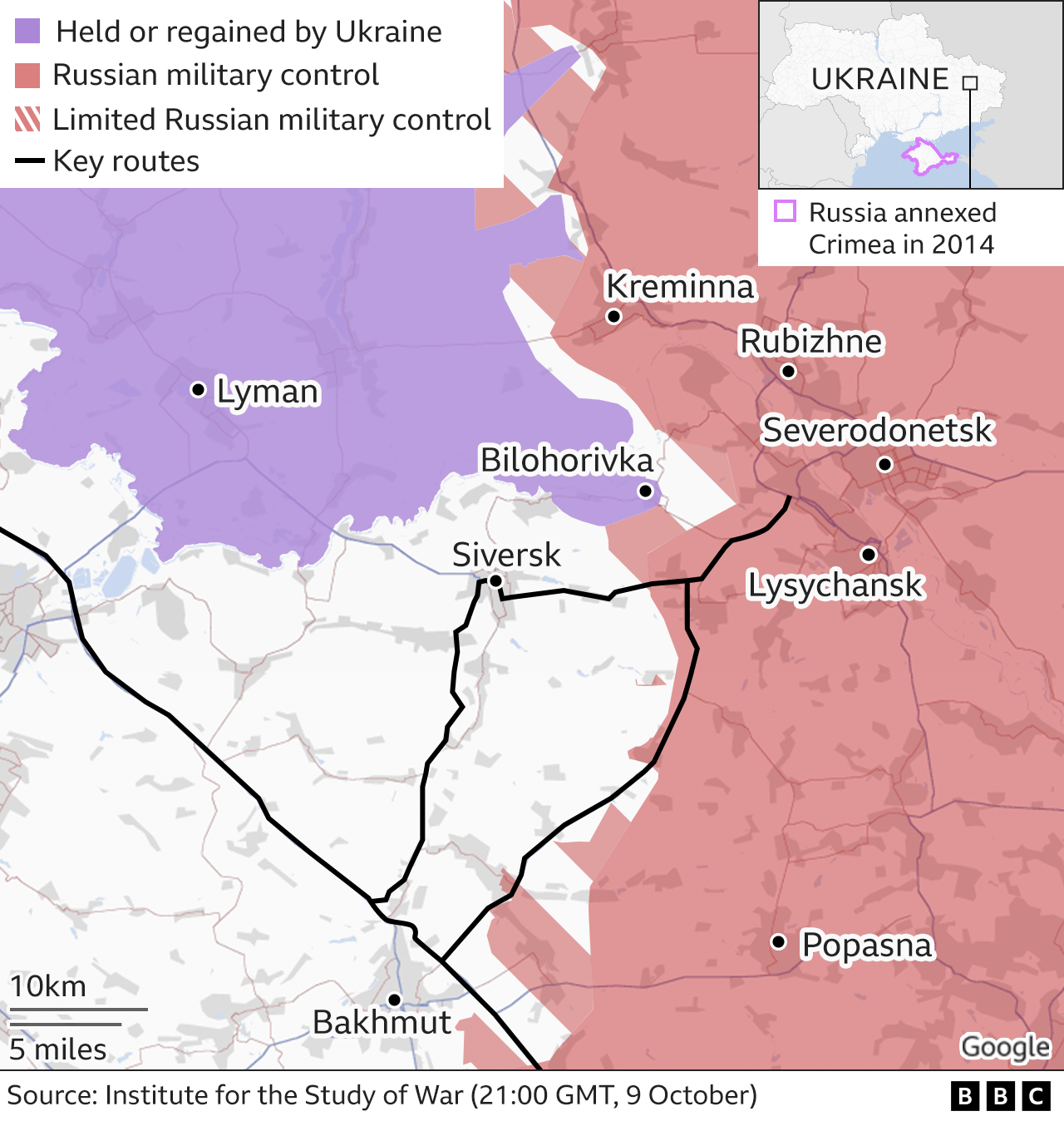 Map showing a close-up of the frontline in the east of Ukraine