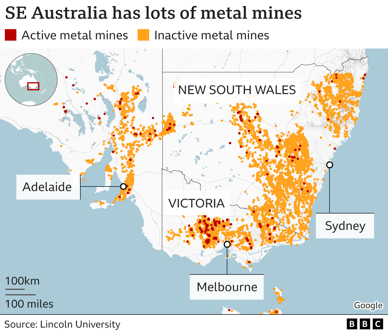 A map of south eastern Australia showing where active and inactive metal mines are located. There is a large cluster around Melbourne in the state of Victoria and also south west of Sydney in New South Wales. The majority of them are inactive.