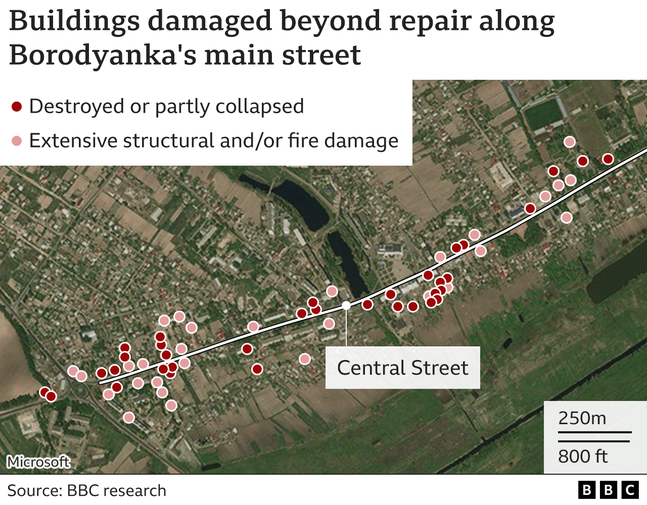 Map showing buildings on the main street of Borodyanka which are damaged beyond repair.
