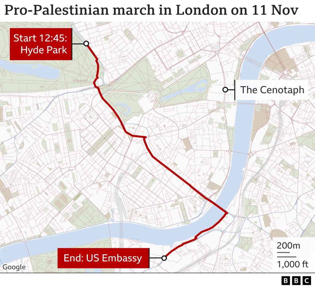 A graphic showing the route of the pro-Palestinian march