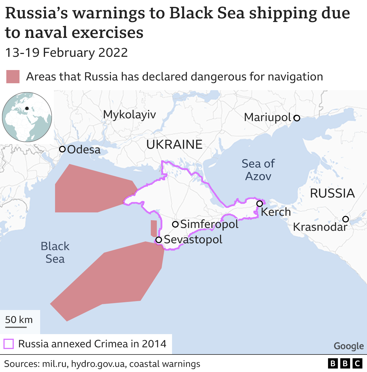 Map showing warnings to Black Sea shipping.