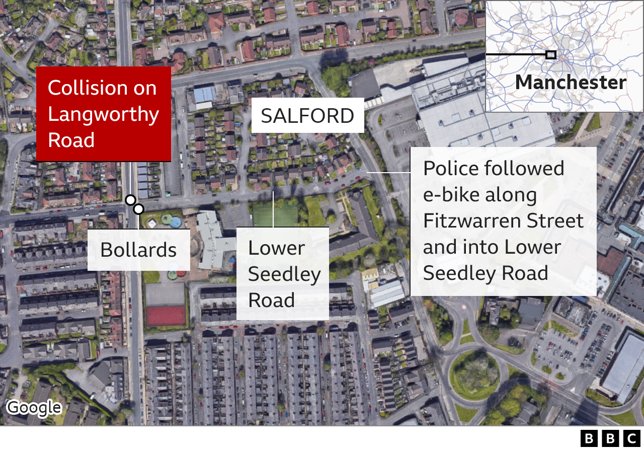 Map showing scene of the fatal e-bike crash in Salford