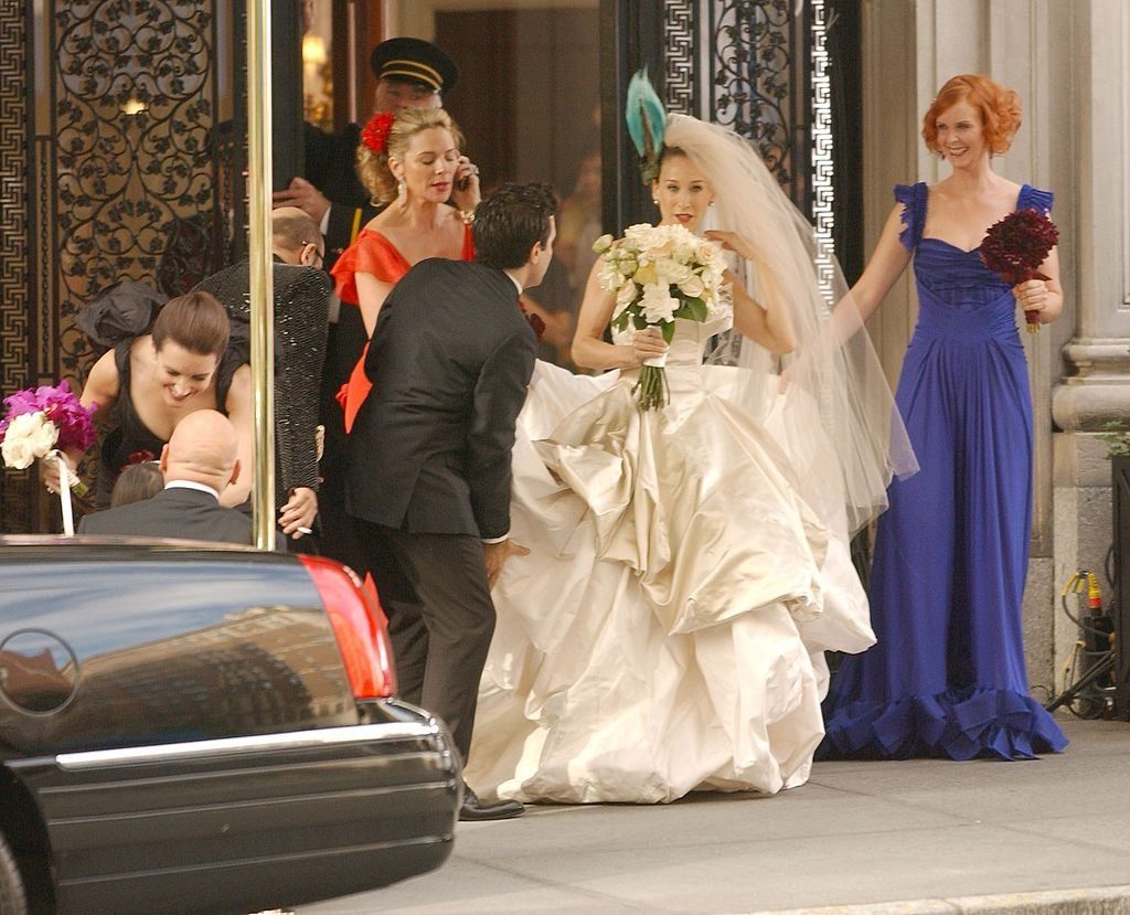 Актрисы Сара Джессика Паркер (в центре), Ким Кэтролл (слева) и Синтия Никсон на съемках фильма «Секс в большом городе: фильм», 2 октября 2007 г., Нью-Йорк