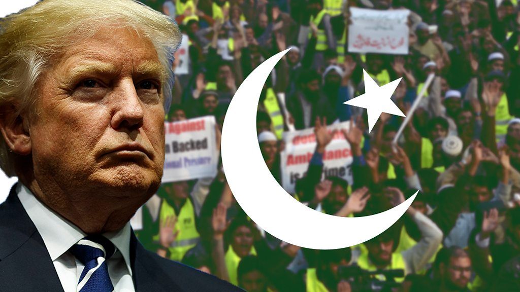 Composite image of Trump, a Pakistan flag and protesters