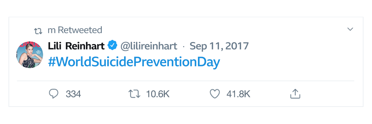 Tweet from Lili Reinhart on World Suicide Prevention Day.