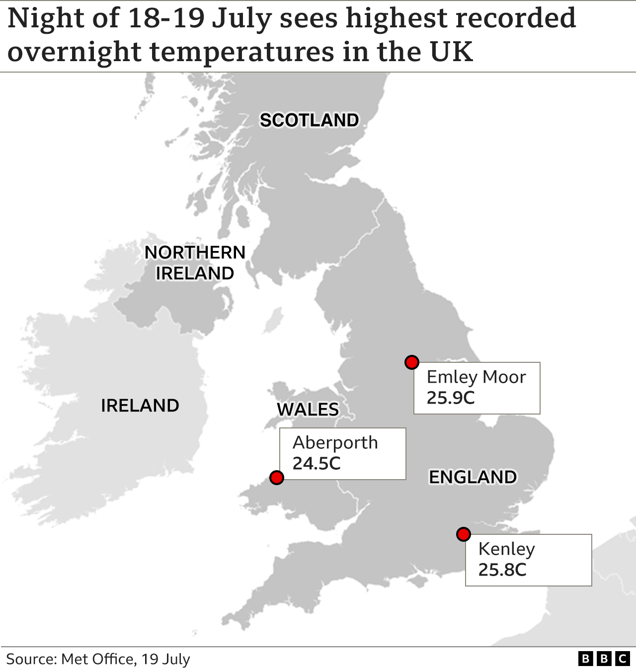 Map showing overnight temperatures on 18-19 July