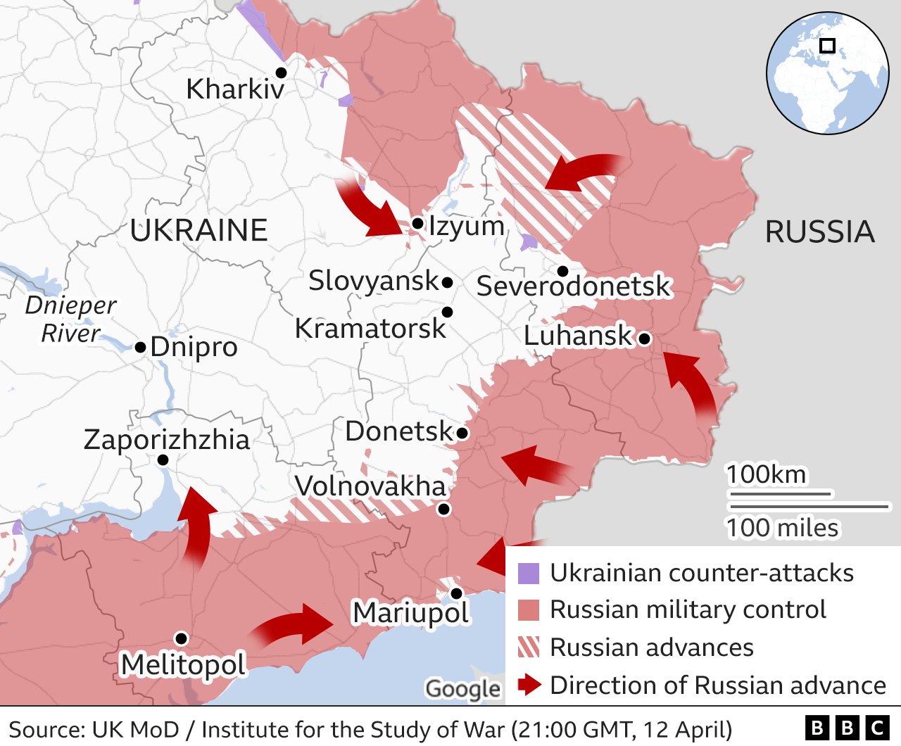 Map showing the Russian military advance into Ukraine from the east