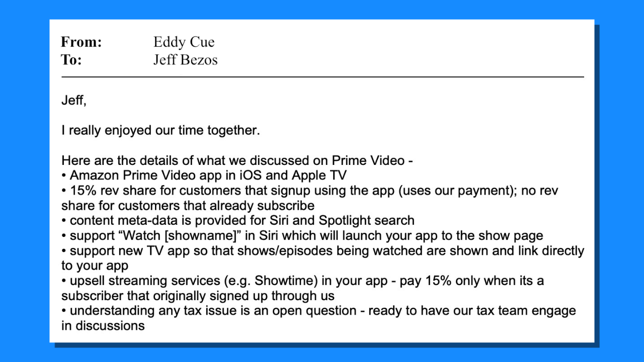 An email from Eddy Cue to Jeff Bezos