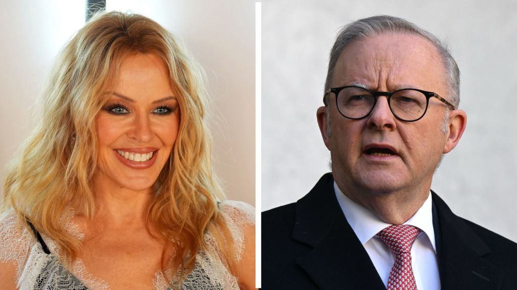 Split-screen showing a close-up of Kylie Minogue smiling on the left and Anthony Albanese on the right