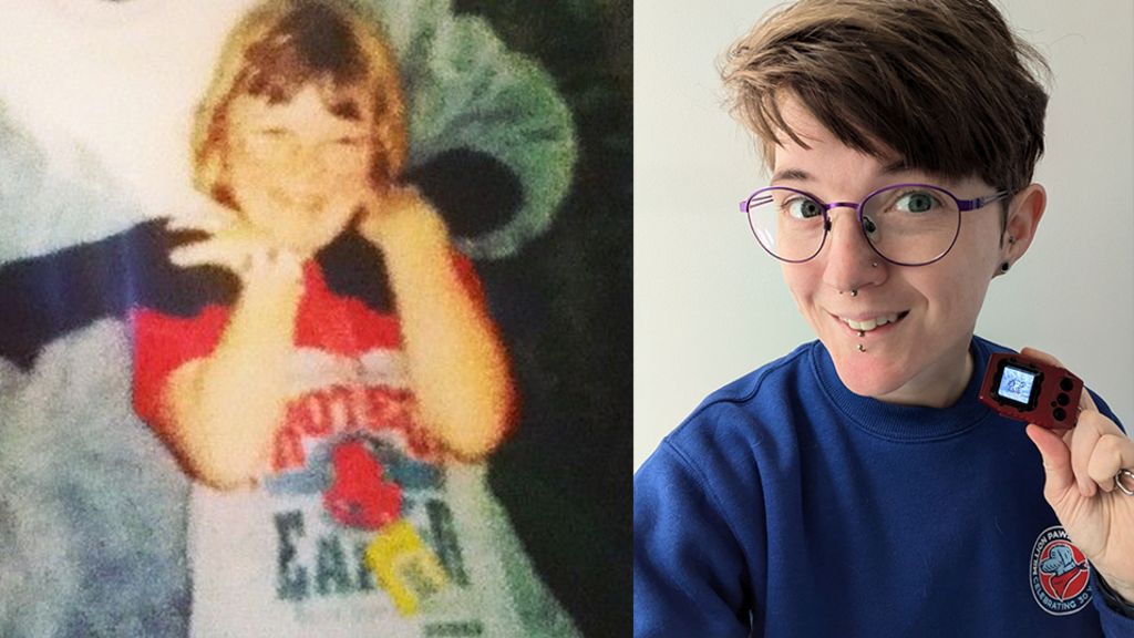 Two pictures of Koby, on the left as a child wearing Tamagotchis around his neck, and on the right as an adult holding a Digimon-themed device.