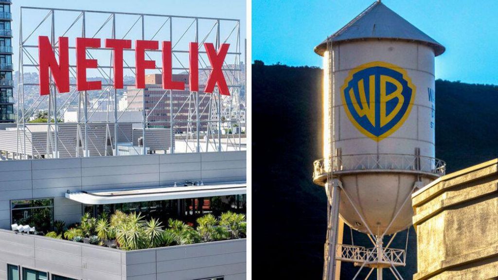 On the left, a large red NETFLIX sign sits on top of a building. On the right is the iconic Warner Bros water tower with the gold and blue shield logo of the company.